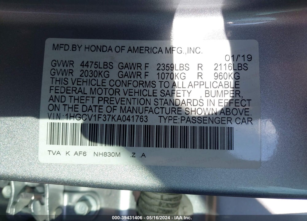 2019 HONDA ACCORD SPORT VIN: 1HGCV1F37KA041763
