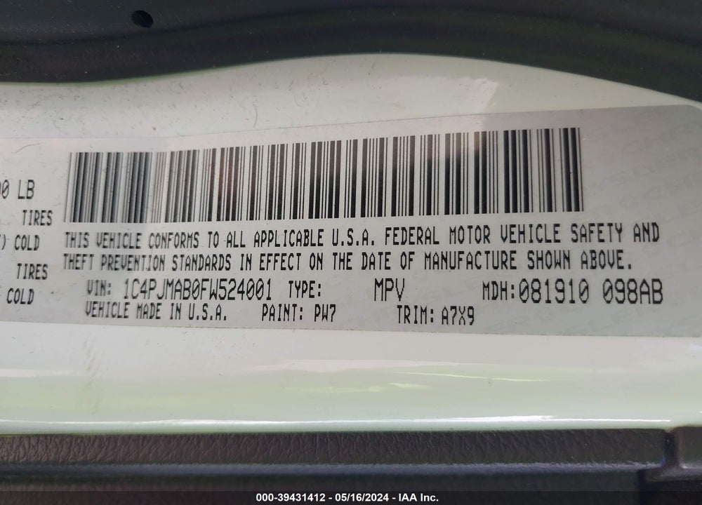 2015 JEEP CHEROKEE SPORT VIN: 1C4PJMAB0FW524001