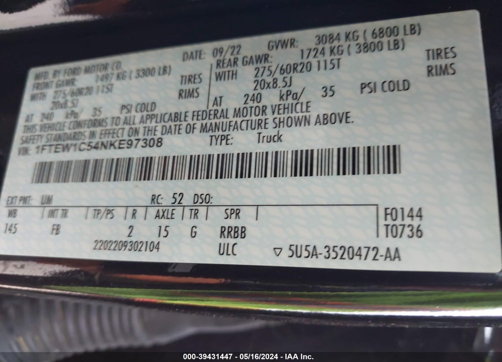 2022 FORD F150 SUPERCREW VIN: 1FTEW1C54NKE97308