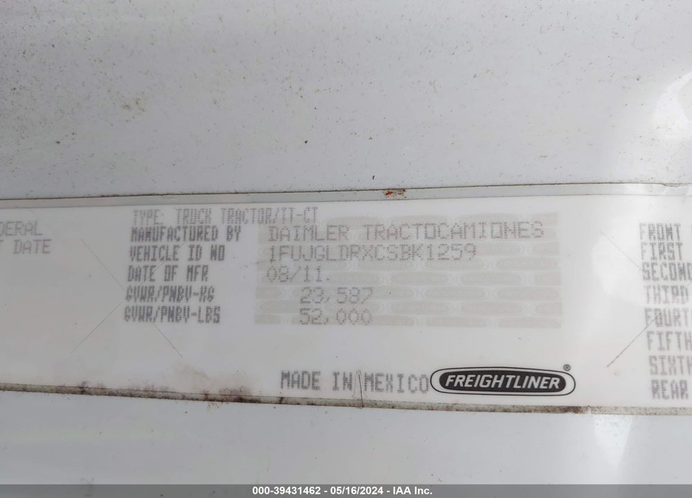 2012 FREIGHTLINER CASCADIA 125 VIN: 1FUJGLDRXCSBK1259