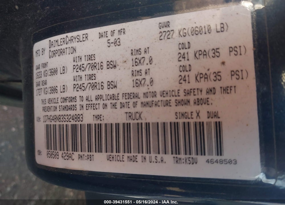 2003 DODGE DAKOTA SLT VIN: 1D7HG48N83S324883
