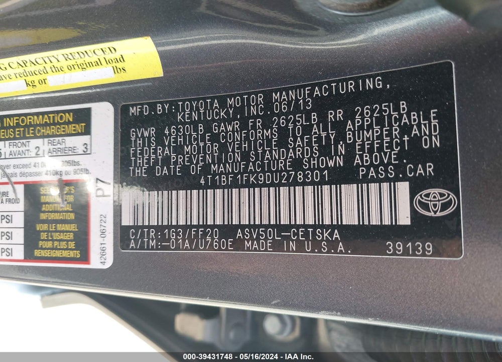 2013 TOYOTA CAMRY SE VIN: 4T1BF1FK9DU278301