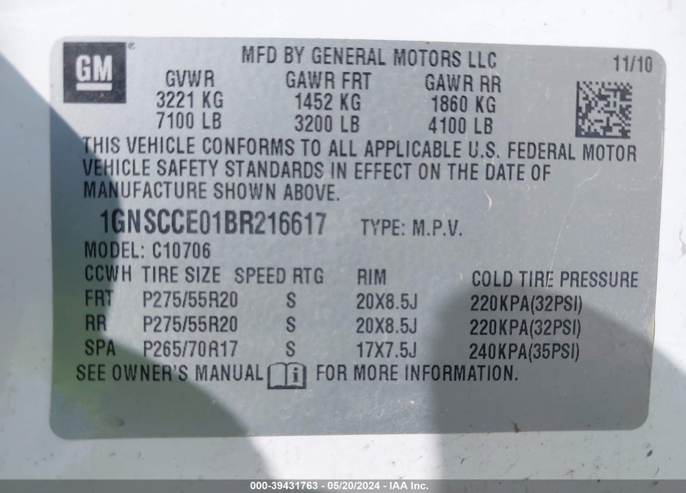 2011 CHEVROLET TAHOE LTZ VIN: 1GNSCCE01BR216617