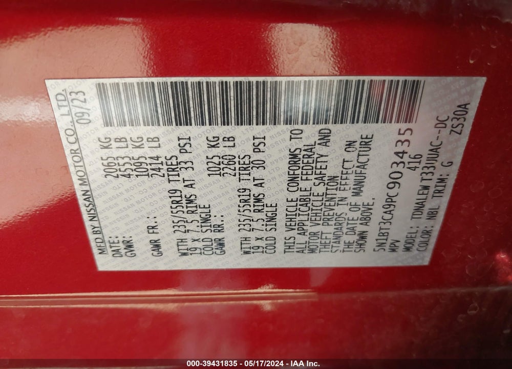 2023 NISSAN ROGUE SL FWD VIN: 5N1BT3CA9PC903435