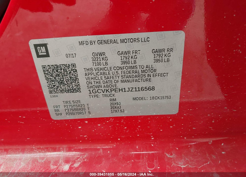 2018 CHEVROLET SILVERADO 1500 CUSTOM VIN: 1GCVKPEH1JZ116568
