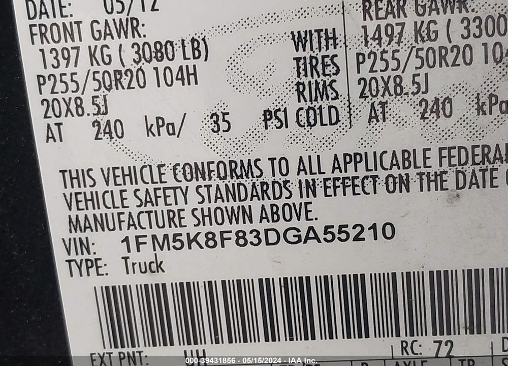 2013 FORD EXPLORER LIMITED VIN: 1FM5K8F83DGA55210