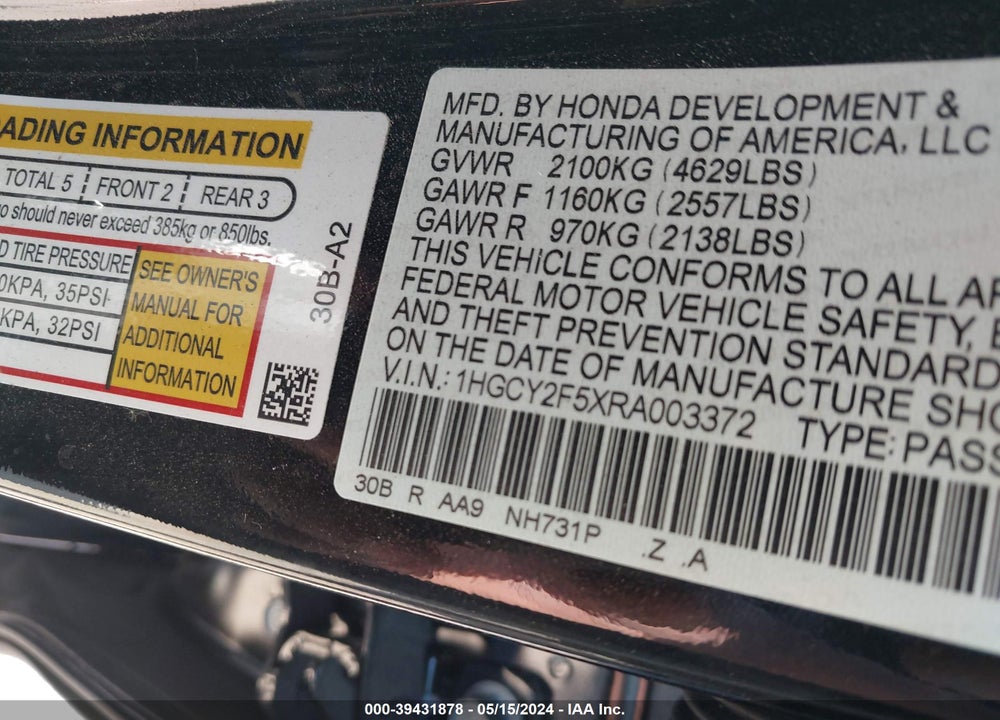 2024 HONDA ACCORD HYBRID SPORT VIN: 1HGCY2F5XRA003372