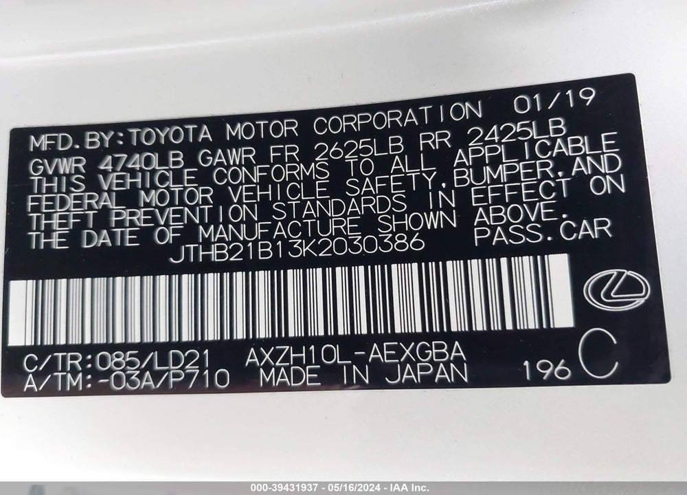 2019 LEXUS ES 300H VIN: JTHB21B13K2030386
