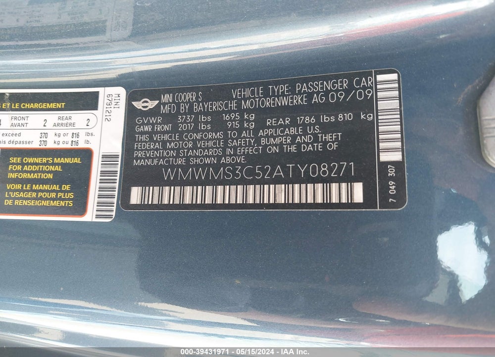 2010 MINI COOPER S VIN: WMWMS3C52ATY08271