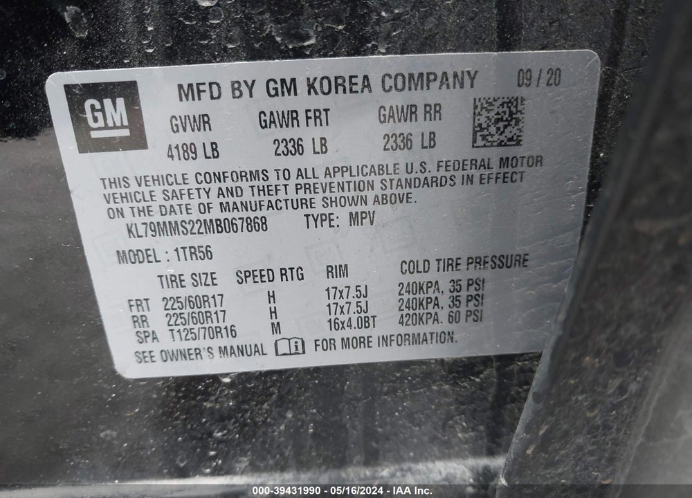 2021 CHEVROLET TRAILBLAZER FWD LS VIN: KL79MMS22MB067868