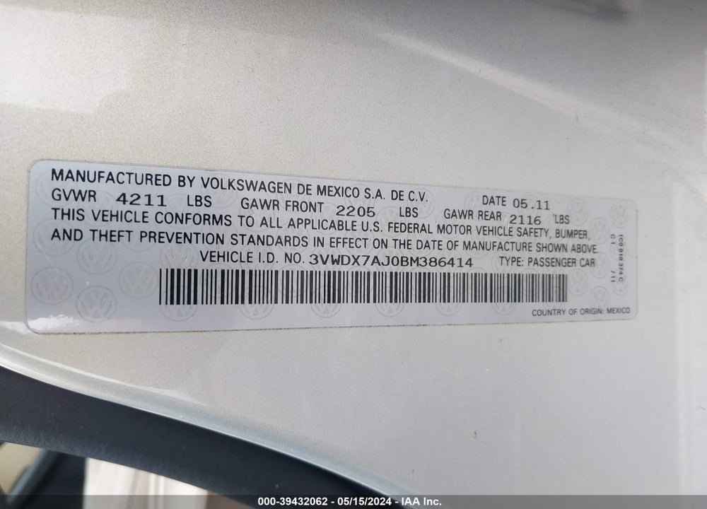2011 VOLKSWAGEN JETTA 2.5L SE VIN: 3VWDX7AJ0BM386414