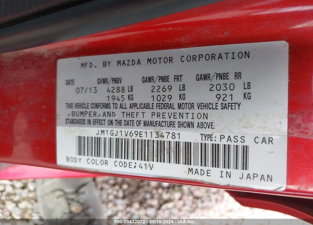 2014 MAZDA 6 I TOURING VIN: JM1GJ1V69E1134781