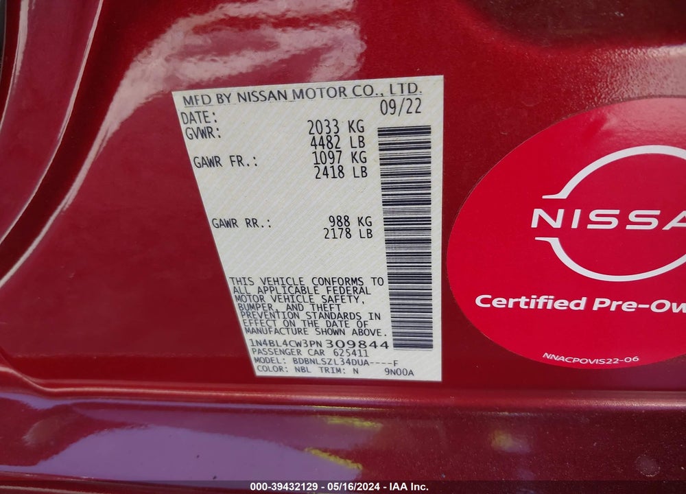 2023 NISSAN ALTIMA SR INTELLIGENT AWD VIN: 1N4BL4CW3PN309844