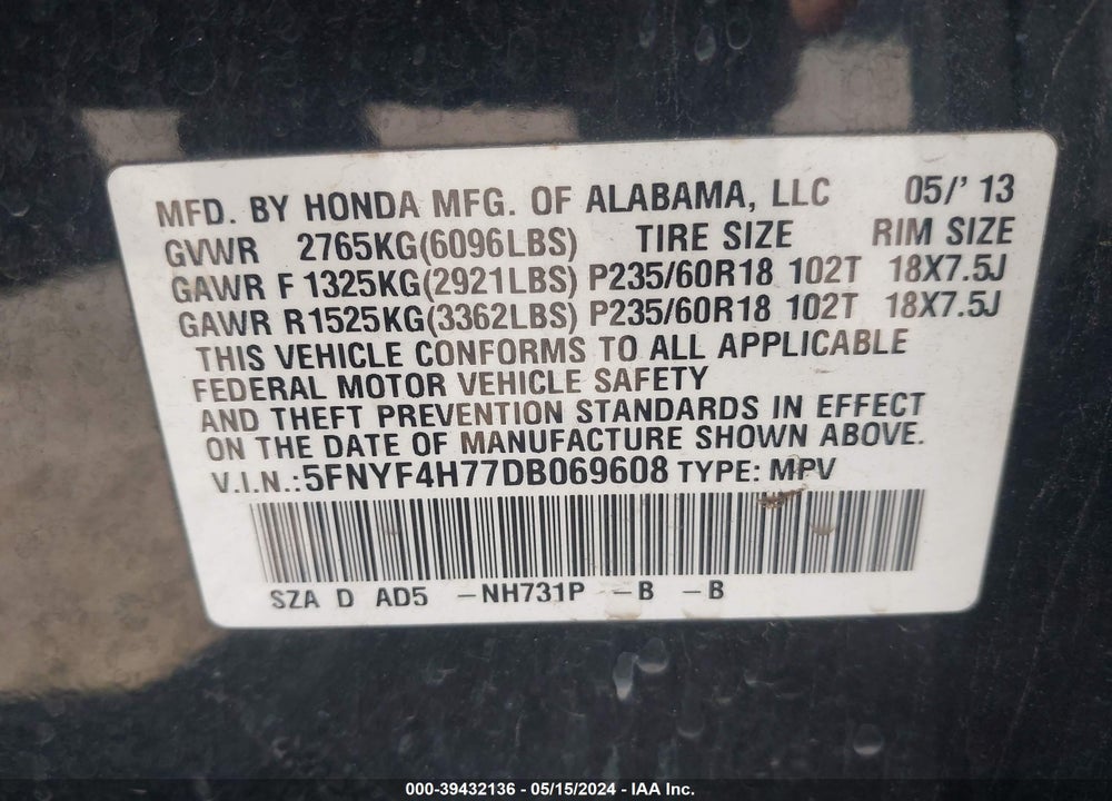 2013 HONDA PILOT EX-L VIN: 5FNYF4H77DB069608
