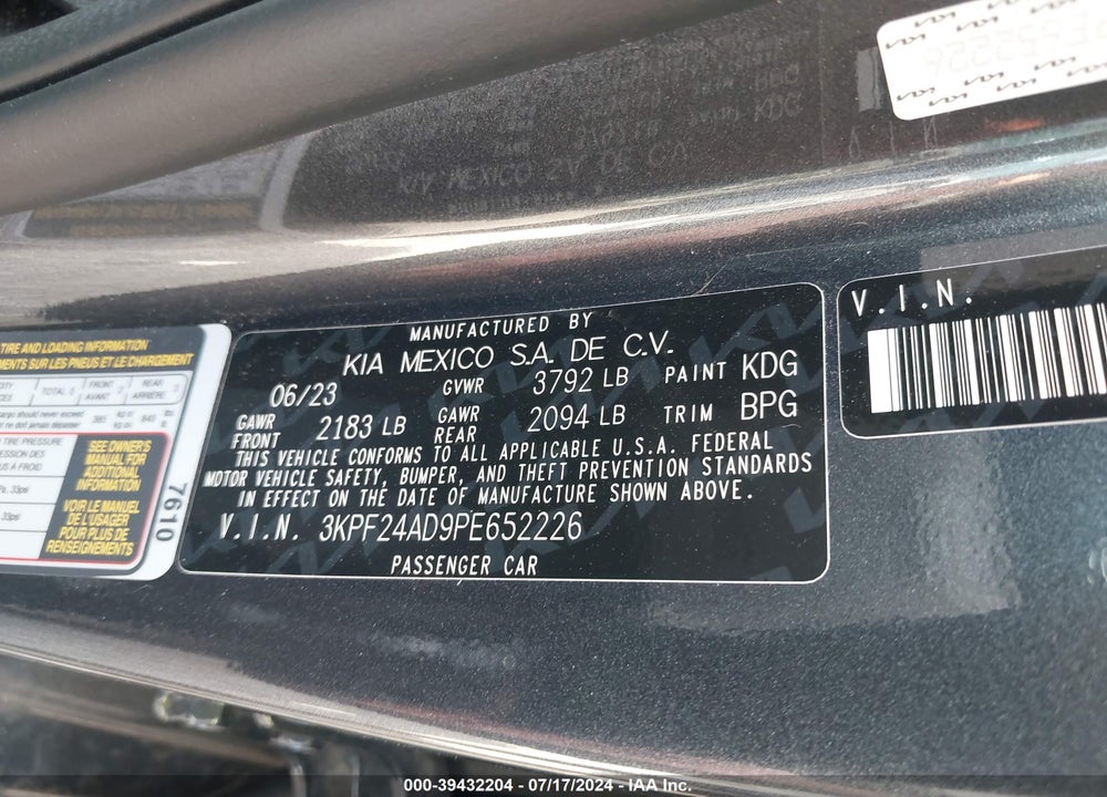 2023 KIA FORTE LXS VIN: 3KPF24AD9PE652226