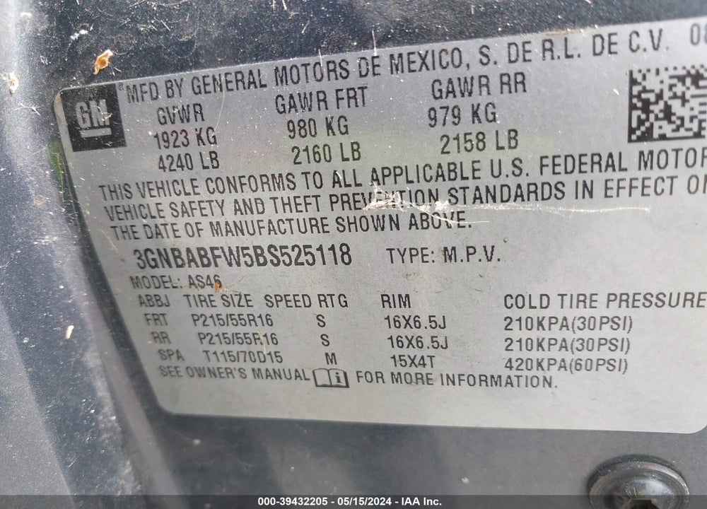 2011 CHEVROLET HHR LT VIN: 3GNBABFW5BS525118