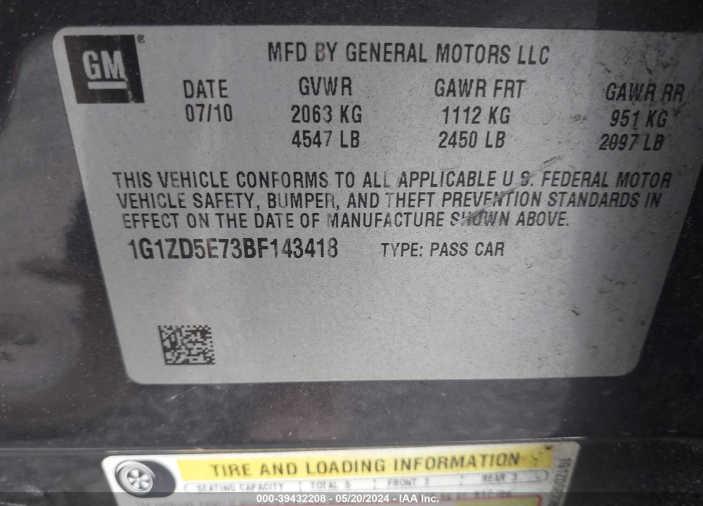 2011 CHEVROLET MALIBU 2LT VIN: 1G1ZD5E73BF143418