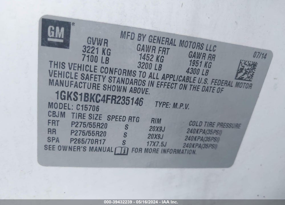 2015 GMC YUKON SLT VIN: 1GKS1BKC4FR235146