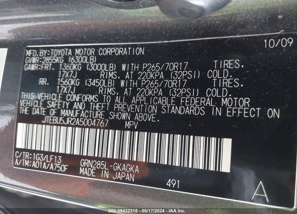 2010 TOYOTA 4RUNNER SR5 V6 VIN: JTEBU5JR2A5004767