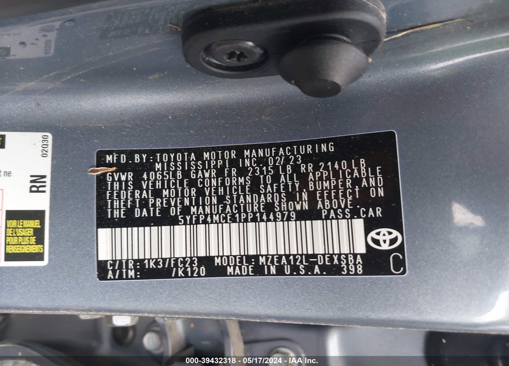 2023 TOYOTA COROLLA SE VIN: 5YFP4MCE1PP144979