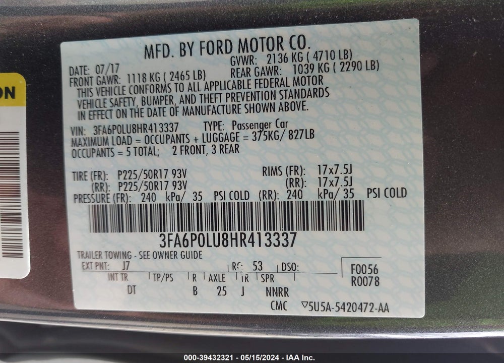 2017 FORD FUSION HYBRID VIN: 3FA6P0LU8HR413337