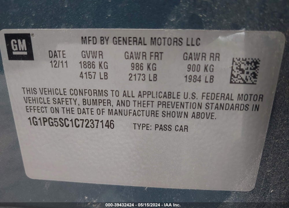 2012 CHEVROLET CRUZE 2LT VIN: 1G1PG5SC1C7237146