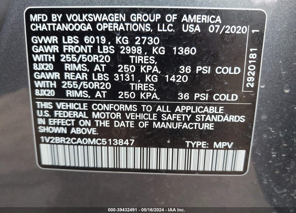 2021 VOLKSWAGEN ATLAS VIN: 1V2BR2CA0MC513847