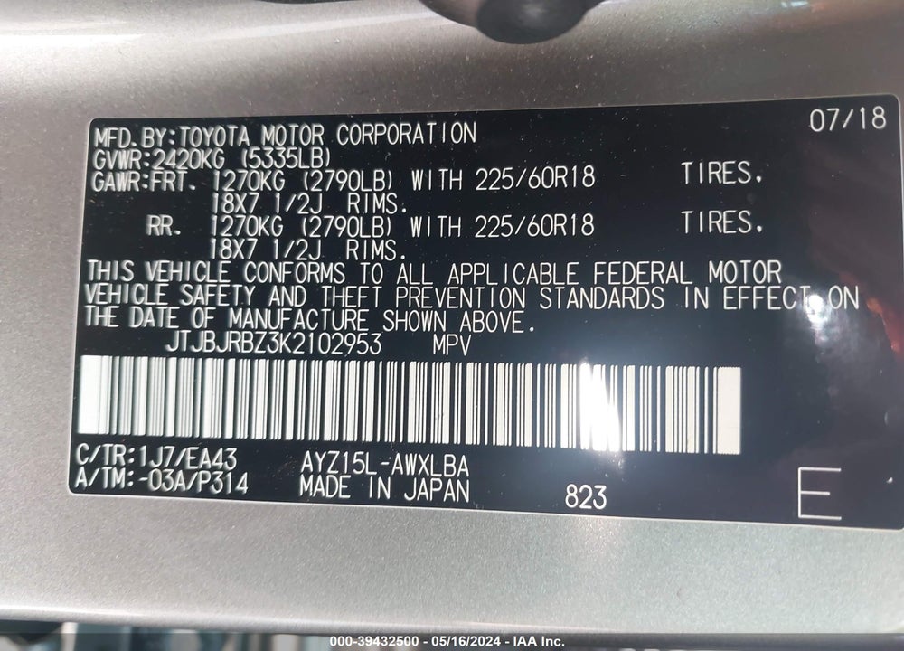 2019 LEXUS NX 300H VIN: JTJBJRBZ3K2102953