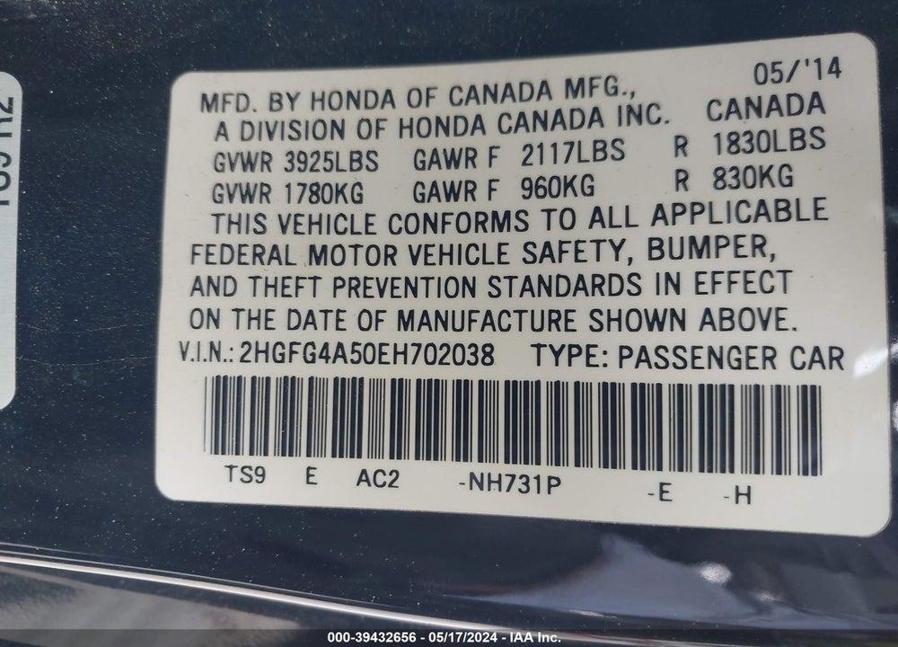 2014 HONDA CIVIC SI VIN: 2HGFG4A50EH702038
