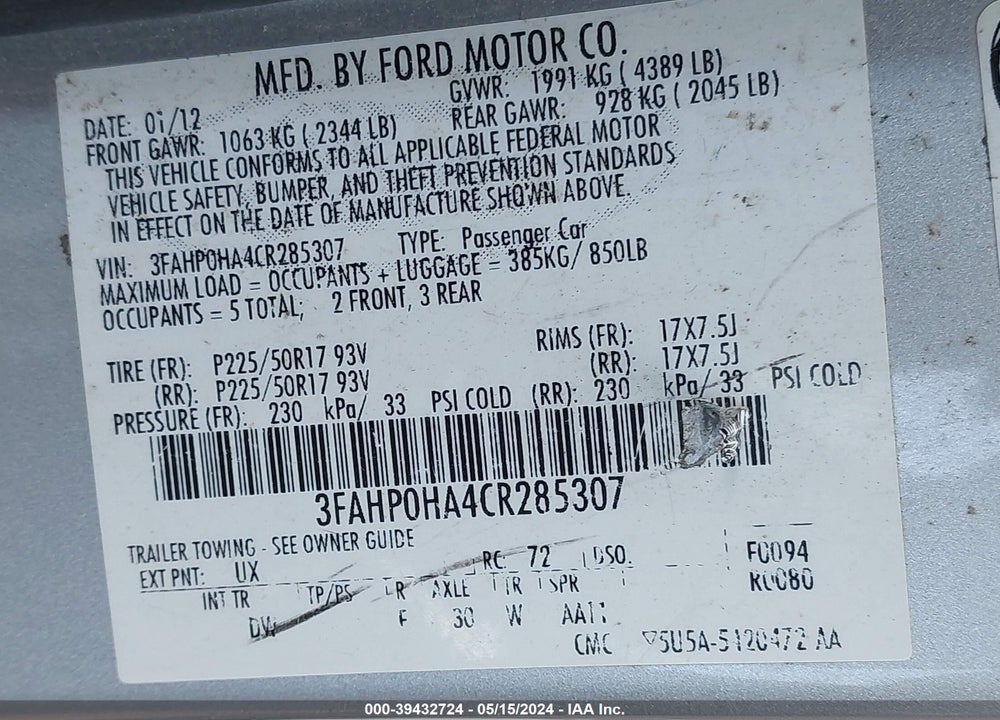 2012 FORD FUSION SE VIN: 3FAHP0HA4CR285307