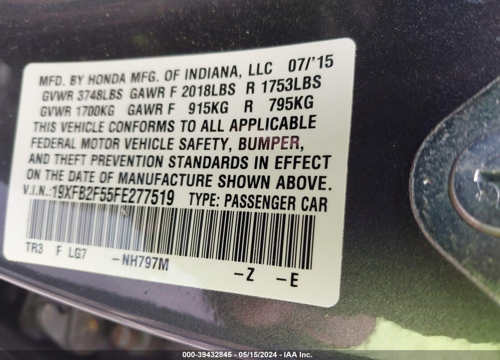 2015 HONDA CIVIC LX VIN: 19XFB2F55FE277519