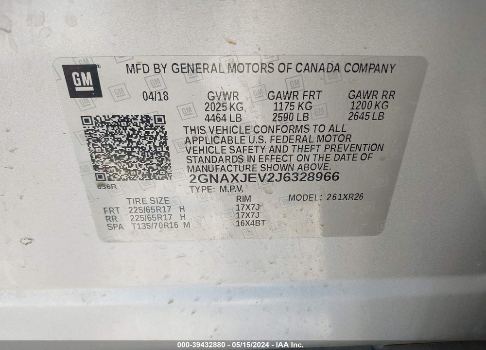 2018 CHEVROLET EQUINOX LT VIN: 2GNAXJEV2J6328966