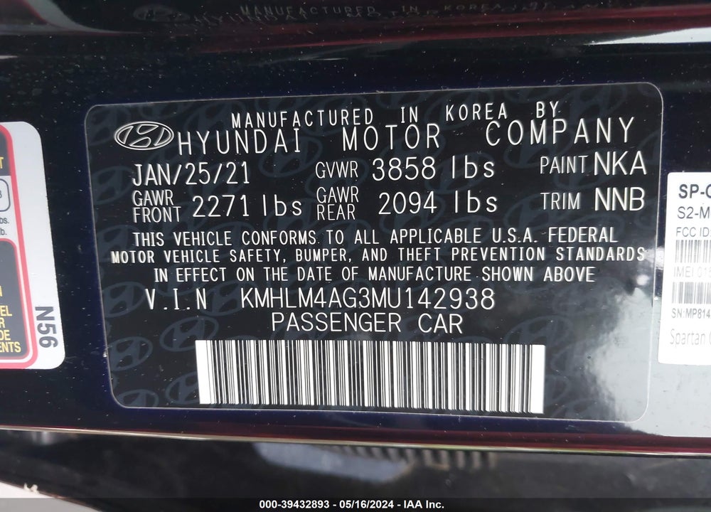 2021 HYUNDAI ELANTRA SEL VIN: KMHLM4AG3MU142938