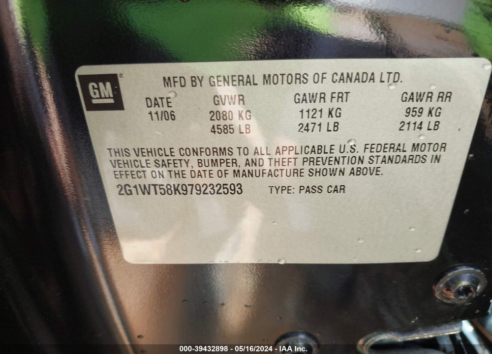 2007 CHEVROLET IMPALA LT VIN: 2G1WT58K979232593