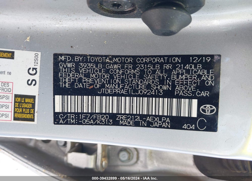 2020 TOYOTA COROLLA LE VIN: JTDEPRAE1LJ092413