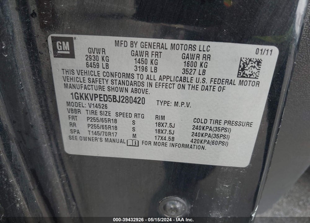 2011 GMC ACADIA SLE VIN: 1GKKVPED5BJ280420