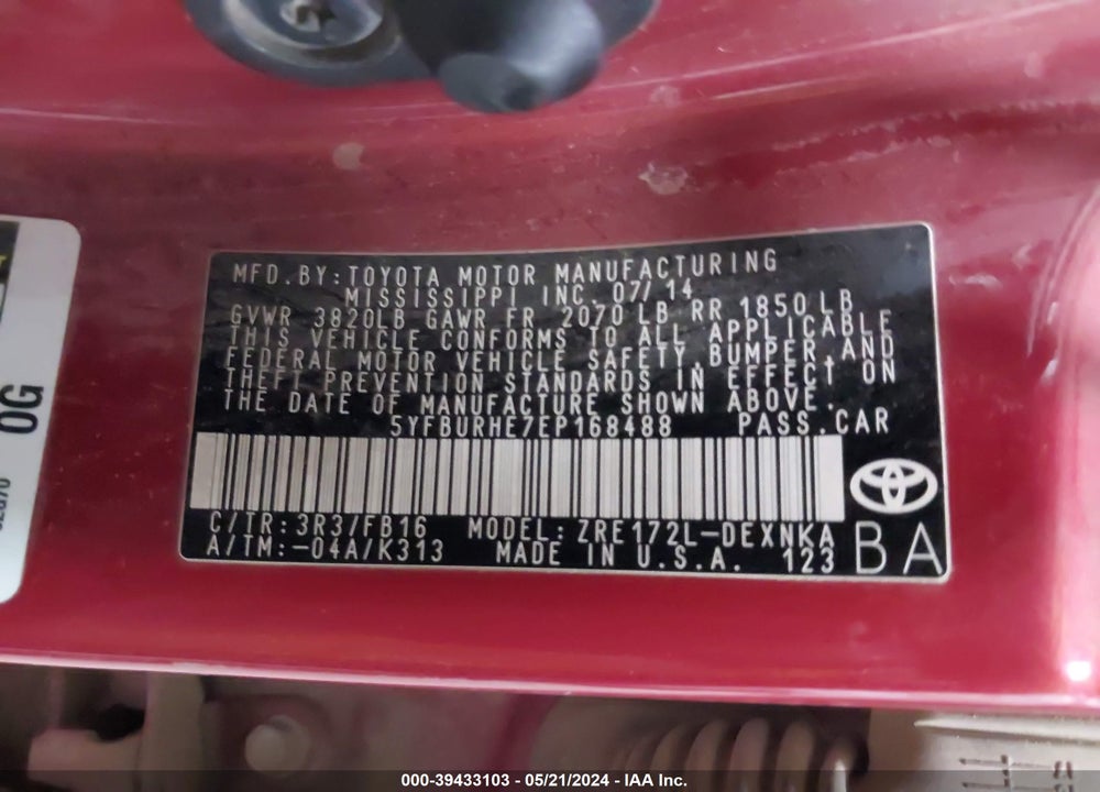 2014 TOYOTA COROLLA LE VIN: 5YFBURHE7EP168488