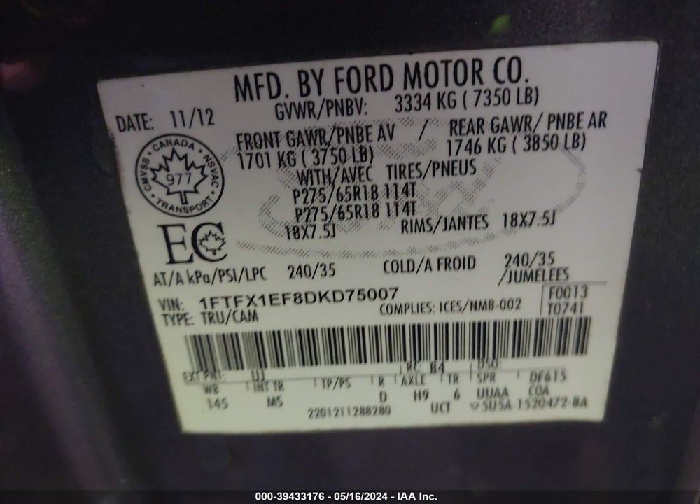 2013 FORD F-150 XLT VIN: 1FTFX1EF8DKD75007