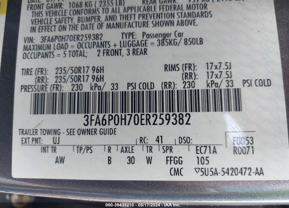 2014 FORD FUSION SE VIN: 3FA6P0H70ER259382