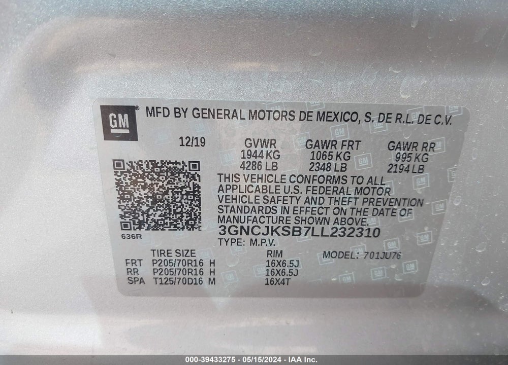 2020 CHEVROLET TRAX FWD LS VIN: 3GNCJKSB7LL232310
