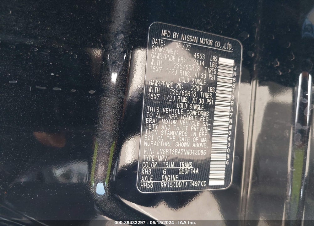 2022 NISSAN ROGUE SV FWD VIN: JN8BT3BA7NW043086