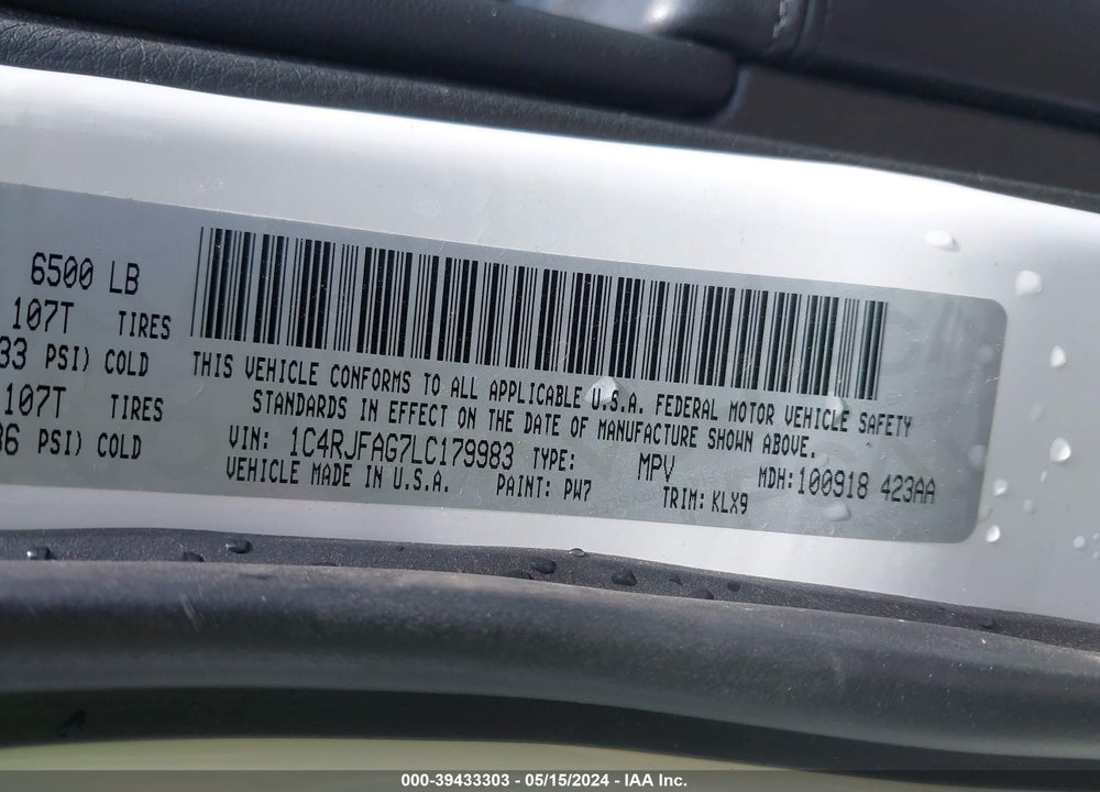 2020 JEEP GRAND CHEROKEE ALTITUDE 4X4 VIN: 1C4RJFAG7LC179983