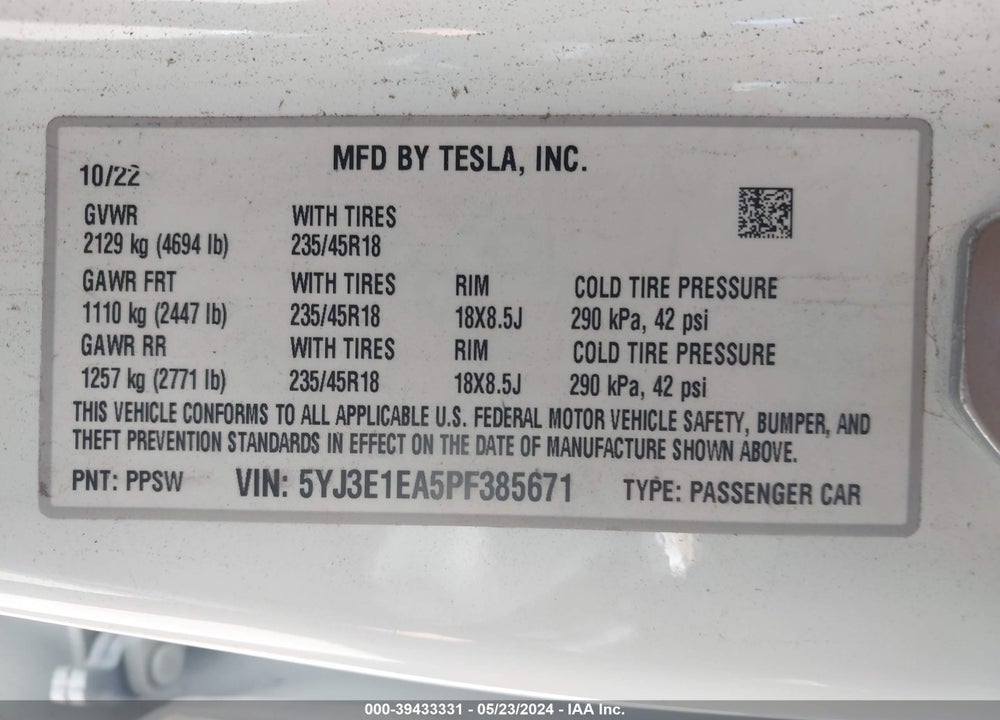 2023 TESLA MODEL 3 REAR-WHEEL DRIVE VIN: 5YJ3E1EA5PF385671