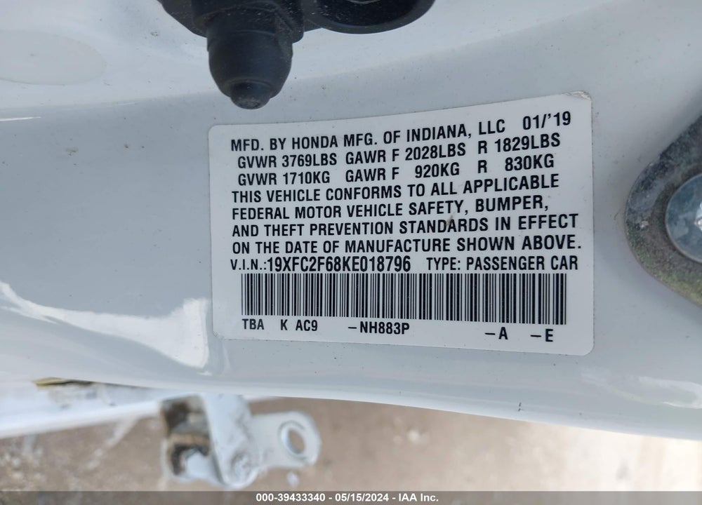 2019 HONDA CIVIC LX VIN: 19XFC2F68KE018796