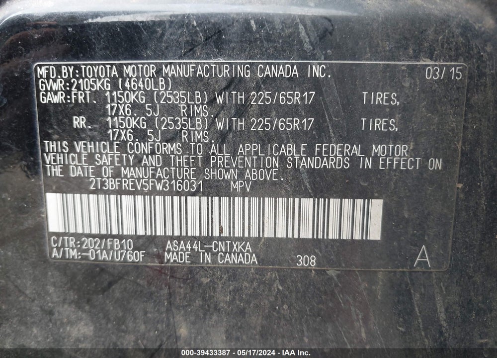 2015 TOYOTA RAV4 LE VIN: 2T3BFREV5FW316031