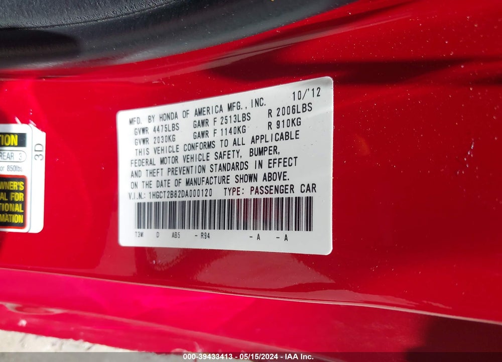 2013 HONDA ACCORD EX-L V-6 VIN: 1HGCT2B82DA000120