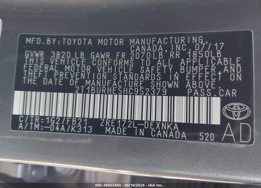 2017 TOYOTA COROLLA LE VIN: 2T1BURHE5HC952379