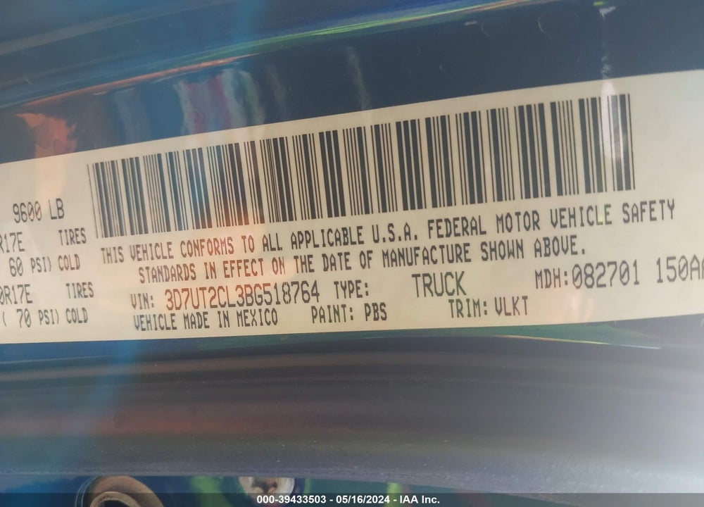 2011 RAM 2500 LAIE VIN: 3D7UT2CL3BG518764