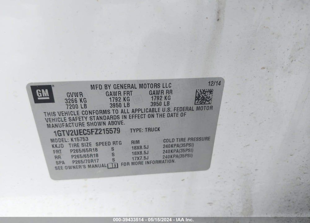 2015 GMC SIERRA 1500 SLE VIN: 1GTV2UEC5FZ215579