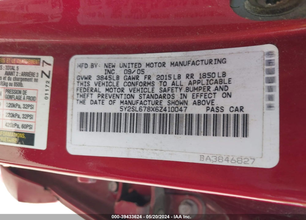 2006 PONTIAC VIBE VIN: 5Y2SL678X6Z410047